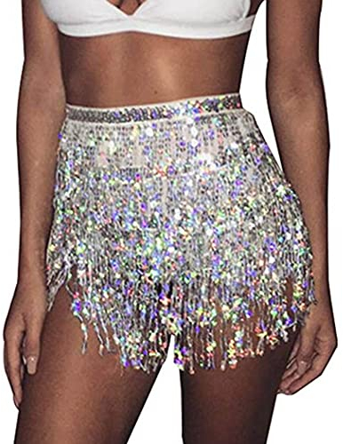 Zookey Pailletten Quasten Rock Rave Fransenrock Rock für Bauchtanz Hüftschal Festival Outfit für Frauen und Mädchen