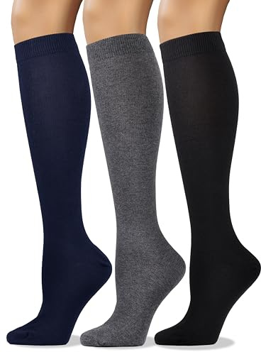 COTTON DAY Women's Soft Combed Cotton Knee High Long Calf Dress Socks Seamless Toe Black Gray Navy Shoe Size 6-9 Assorted