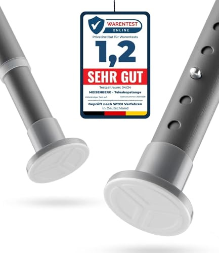 MEISENBERG Gardinenstange ohne Bohren 210-260cm, Grau, Ø 25 mm, Teleskopstange Gardine - Vorhangstange Klemmstange für Gardinen, Bäder und Balkon