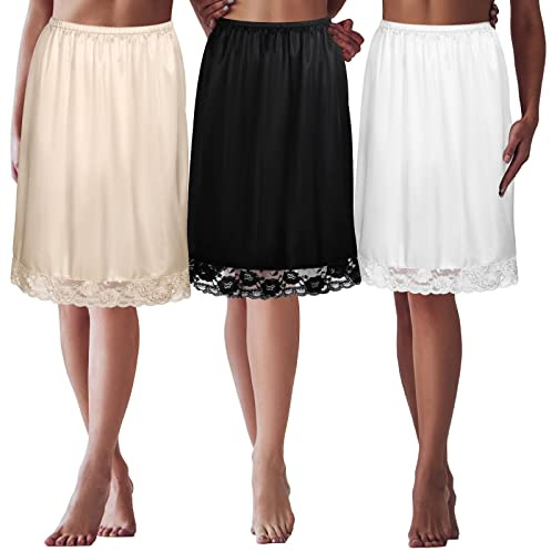 Zhanmai 3 Pieces Half Slips, Womens Slip for Under Dresses Extenders Skirt Half Slip Satin Anti Static Lace Long Underskirt(Black, White, Apricot,2xl,Lace Trim)