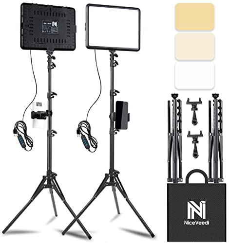 2 Paquete Luz Fotografia LED Kit de Video, 25 cm*20 cm Fotografía LED de 2800-6500 K, 175 cm Estudio Regulable con Soporte de Trípode y Soporte para Telé para Filmación/Zoom/Videoconferencia/TikTok