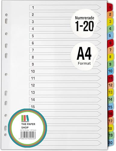 The Paper Shop Register für Ordner A4-20-teilig Nummeriert 1-20 (1 Pack) | Trennstreifen & Unterteiler für Ringordner | Nummerierte Trennblätter Büro Schule - 20 Stück