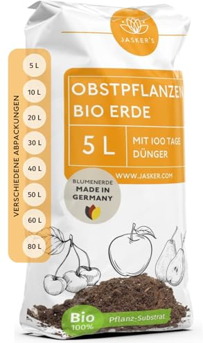 JASKER'S Bio Erde für Obstpflanzen & Obsterde 5 L - Pflanzerde mit 30% weniger Torf - Universalerde - Obst Erde - Erde für Apfelbaum, Kirschen und andere Obstbäume - Erde Garten, BLU-OBS-1000