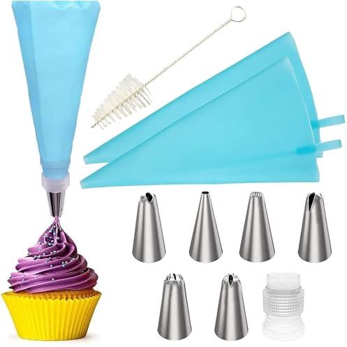 Set of 10 Pcs Piping Icing Bags and Nozzles with 6 Premium Stainless Steel Piping Nozzles, 2 Silicone Bags, 1 Converters, and 1 Cleaning Brush for DIY Decorating Cakes & Cupcakes