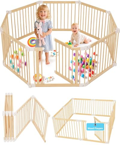 CONKKA Foldable Wooden Baby Playpen Large Play Yard for Babies, 2-in-1 New Mom Helper Portable Fence, 25 Tall Custom Wood Gate with Adjustable Size & Shape for Infants 3-18 Months -63x63x25 inch
