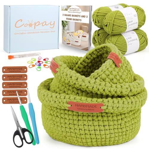 Coopay Kit de Crochet para Principiantes - 3 Tamaños - Cestas Redondas - Con Instrucciones - DIY para Cestas con Lana, Aprender a Tejer