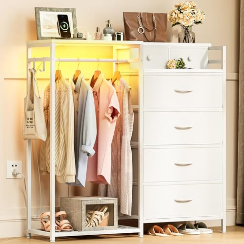 Coleshome Chest of Drawers Bedroom with Hanging Rail, Built-in LED Lighting and Power Socket, Reversible 6-Drawer Design, Fabric Chest of Drawers for Bedrooms and Living Rooms, 110 x 30 x 106cm, White