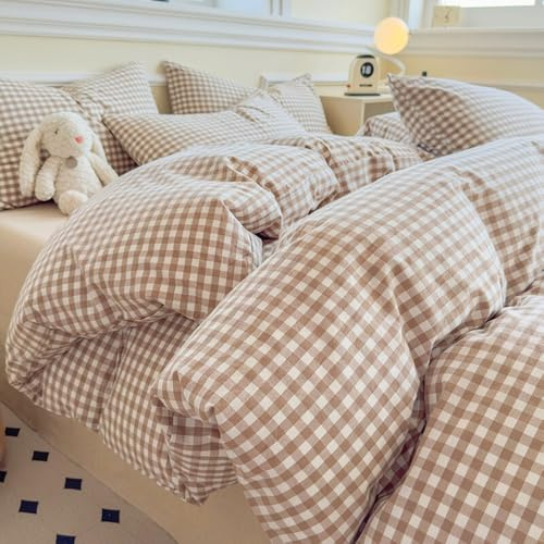 Michorinee Housse de Couette 220x240 Vichy Marron et Blanc à Carreaux Parure de lit Adulte 2 Personnes Moderne Microfibre Sets de Housses de Couettes avec Fermeture Éclair et 2 Taies d'oreiller 65x65