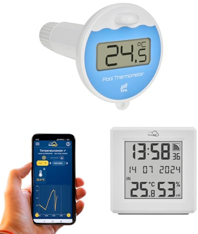 TFA Dostmann TFA.me Starter Set Termometro per piscina e gateway, 35.8110, compatibile con TFA.me, per il monitoraggio online di piscine, laghetti, vasche di ghiaccio, temperatura dell'acqua, bianco