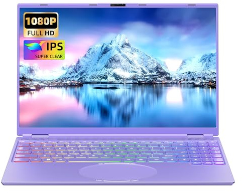 Fsjun 16 Zoll FHD Laptop Lila, 512GB SSD, 16GB DDR4 RAM, Quad-Core N95 Prozessor bis zu 3.4GHz(Beat N5095 N4120), Face Unlock, Farb-Tastatur, HDMI, USB 3.0, Type-C, WLAN, 5000mAh Notebook Computer