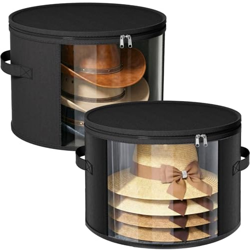 Ofiray-home 2 Pack Large Clear Hat Storage Boxes, Hold up to 7-9 Hats, Hat Organizer for Closet, Durable & Foldable, Hat Box with Carrying Handles for Round Brim, Wide-Brim, Cowboy, Sun Hat (Black)