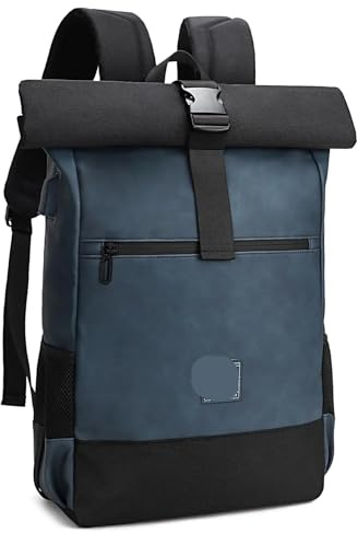 Sac à Dos à Enroulement Sac à dos de voyage for ordinateur portable enroulable en PU imperméable for hommes et femmes for 17 pouces élégant for collège Cartable Pour Le Travail Et Les Voyages(Blue)