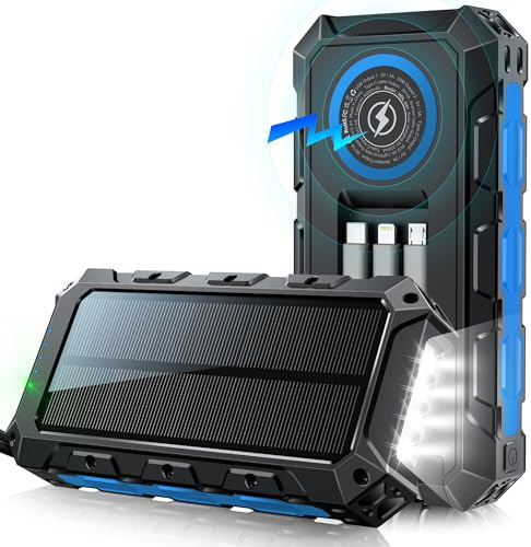 26800mAh Solar Power Bank con Carga Inalámbrica: Batería Externa de Carga Rápida de PD30W con 3 Cables 7 Salidas, Linterna LED y Pantalla Indicadora, Ideal para Camping y Actividades al Aire Libre