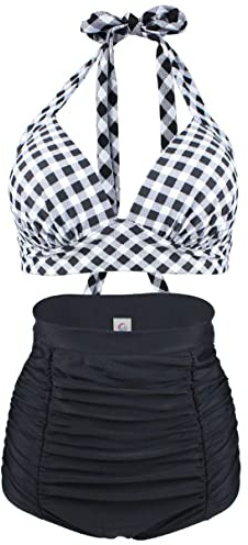 Viloree Retro 1950's Women high Waisted Bikini Set Swimsuit Bathing Suit Push Up Check Black & White 3XL