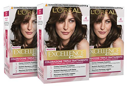 L'Oréal Paris Tinta Capelli Excellence, Copre Il 100% dei Capelli Bianchi, a Lunga Durata, 4 Castano, Confezione da 3