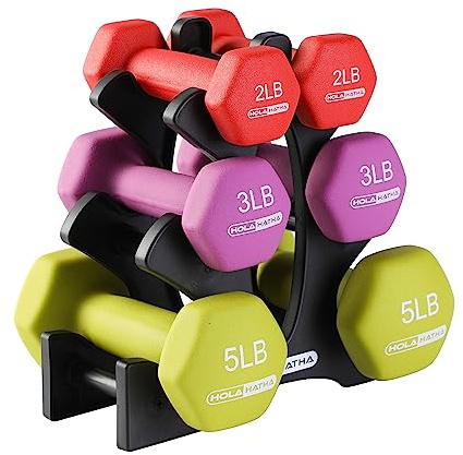 HolaHatha Neoprene Dumbbell Weights Set with Rack, Home Gym Equipment, 20 Lbs, Multicolor - Portable Weighted Exercise Dumbbells for Fitness, Training, and Lifting Workouts