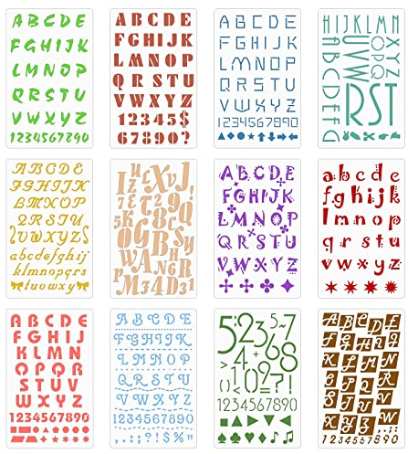 TONAUP 12 Stück Buchstaben Schablonen Set, 12 SchriftartBuchstaben Schablone Groß Buchstaben Klein Buchstaben und Zahlen Für Kunst Gemälde Auf Holz Schreiben Scrapbooking