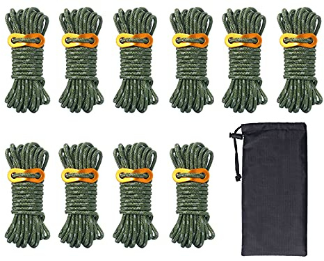 Hikeman 10 Pack 4mm Camping Rope Reflective Outdoor Guy Lines with Aluminum Guyline Adjuster Tensioners Nylon Tent Tie Downs for Hiking Backpacking Tarp,Canopy Shelter (Army Green)