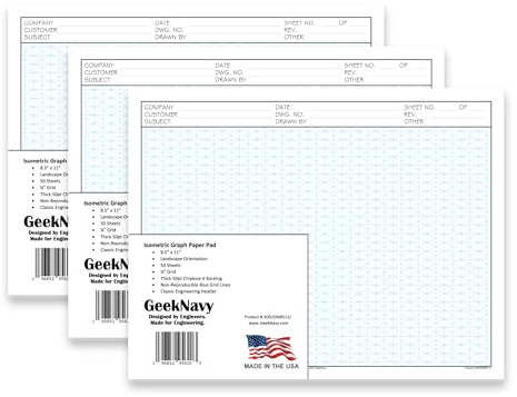 GeekNavy 8.5 x 11 Isometric Graph Paper 50 Sheets Landscape - 0.25 Grid, Non-photo Blue, High Brightness, Drafting, Engineering, Art, 3D Design (3-Pack)