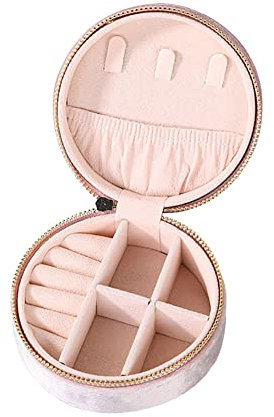 ccHuDE Boîte à bijoux ronde en velours pour voyage, bagues, boucles d'oreilles, collier portable, mini bracelet, étui de rangement pour femme, rose