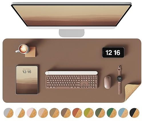 YSAGi Double-Sided Desk Pad, 31.5x15.7Leather Desk Mat, Eco Cork Desk Pad Protector,Large Mouse Pad,Waterproof Desk Blotter for Office/Home(Coffee)