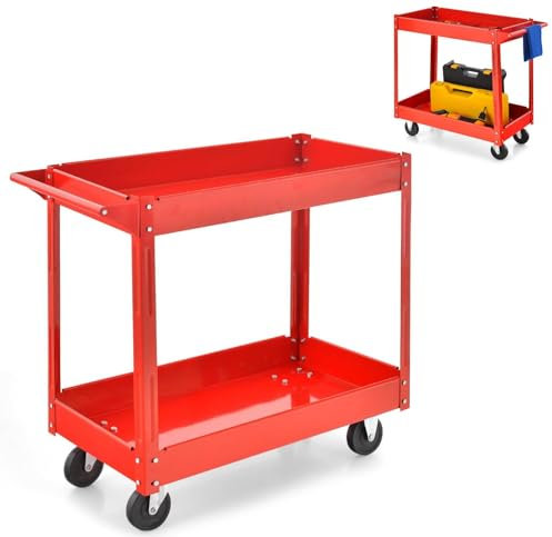 GiantexUK Tool Trolley on Wheels, 2-Tier Rolling Storage Service Cart with Handle, Heavy Duty Metal Frame Utility Trolley Cart for Workshop Office Garage Warehouse