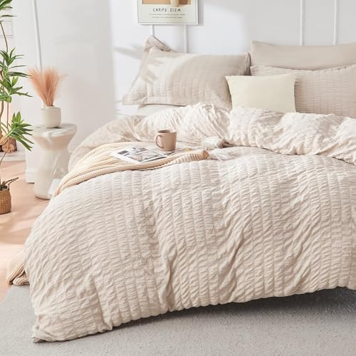 HYMOKEGE Beige Duvet Cover Queen Size, Ultra Soft 3-Piece Seersucker Duvet Cover Set with Zipper Closure, Soft Brushed Microfiber Bedding Set with 8 Corner Ties (90x90, 2 Pillowshams)
