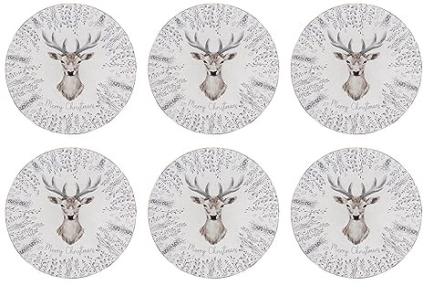 YöL Set Of 6 Christmas Charger Plates White And Grey Stag Design Xmas Lunch Dinner Table Decoration Reusable
