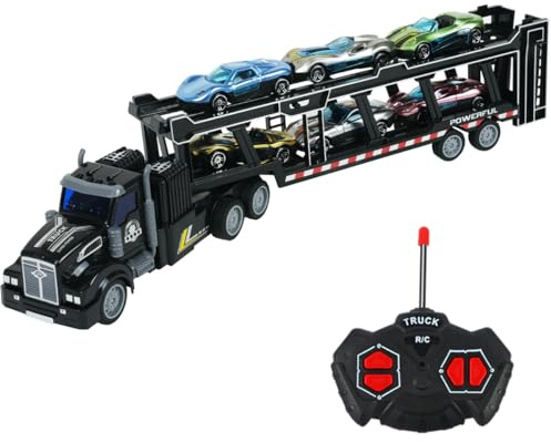 CALEST Remote Control Car Transporter Truck Includes 6 Cars, 14 1:48 Car Transporter Semi Truck Toy, Equipped with 2 Rechargeable Batteries, Gifts Ideas for Boys Age 3-8 Year Old