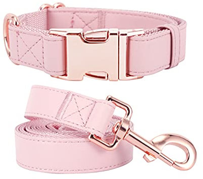Dog Collar and Leash Set.Soft and Easy to Clean Vegan Leather with Rose Gold Metal Buckle for Small Medium Large Dogs(XS(8-12), Pink)