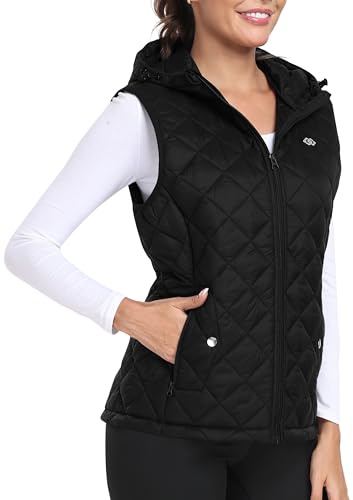 MoFiz Femme Manteaux Sans Manche Léger Gilet Matelassé Capuche Elégant Chaud Gilet Sans Manches Doudoune Hybride avec Poches zippées Noir Taille EU XL