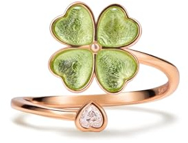 PERIMADE Anello calmante per l'ansia a quattro foglie di trifoglio, da donna, placcato oro, con zirconia cubica a forma di cuore, anello rotante ipoallergenico in argento Sterling 925, anello aperto