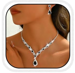 Fashband Bridal Necklace Set Silver Pendant Earrings Set Bride Wedding Jewelry Sets Rhinestone Prom Necklaces Accessories for Women (Black)