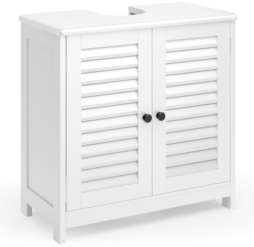 Xbro Meuble sous lavabo avec 2 portes à lamelles, étagère réglable, meuble de salle de bain, 60 x 30 x 60 cm, blanc