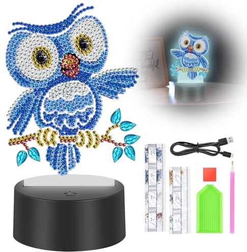 Idota Diamond Painting Veilleuse Bricolage Décoration de table Diamant Peinture Art Kit DIY Veilleuse Kit Bricolage Cadeaux pour Cadeau d'anniversaire (Chouette)