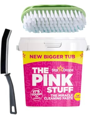 Pink Stuff miracle cleaning paste 850g, paired with hand held cleaning sponge brush and hard bristle crevice brush for those hard to reach places and corners in home, bathroom grout and kitchen