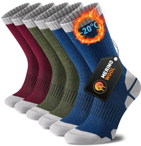 Niorasen Merino Wool Hiking Crew Socks for Men & Women, Thick Cushioned Anti-Blister, Moisture-Wicking, Seamless, 3 Pairs