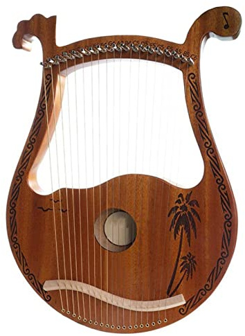 Harpa， 19-strängad lyraharpa i trä mahogny med stämnyckel, harpa, harpinstrument