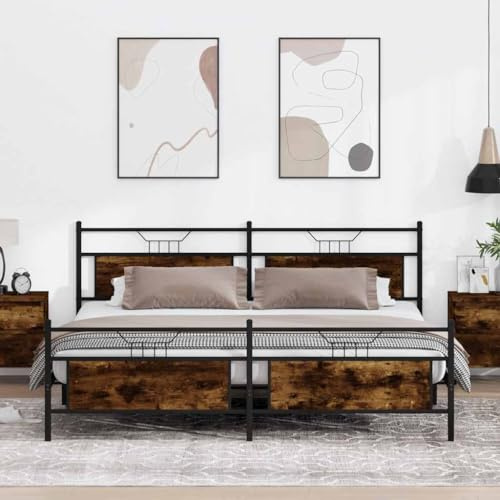 YuuSsea Rökt ek med metallsäng, 193 x 203 cm, stabil stålram, ribbotten för optimalt madrasstöd, praktiskt huvud- och fotdel, extra förvaringsutrymme, sovrumsmöbler