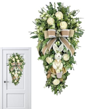 Corona de Pascua | Corona de Pascua artificial | Cortijo porche con conejos – para puerta de entrada, porche, interior, ventana, chimenea, decoración de escaleras