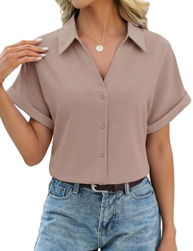 HEEKPEK Damblus, sommar, kortärmad skjortblus, elegant, v-ringad, lediga toppar, skjorta, , ledig blus, skjorta, lätta sommarblusar, fladdermusärmar, rullärmar, arbetsskjorta, chiffongskjorta