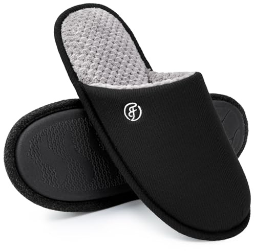 EverFoams Men's Cotton Knit Slippers Lightweight Memory Foam Indoor House Shoes with Anti-Skid Sole (9-10 M US, Space Black)
