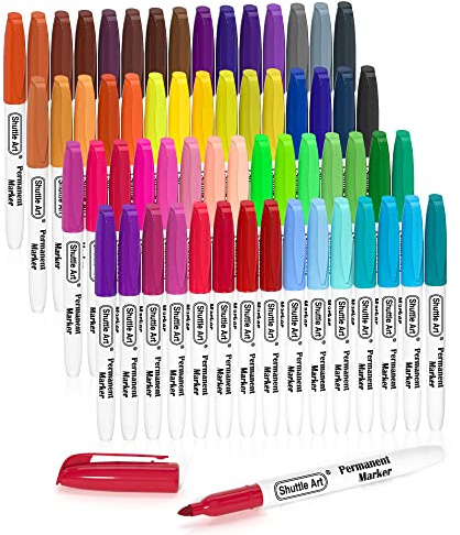 Shuttle Art 60 Colours Permanent Markers, Fine Point Assorted Colours, Works on Plastic, Wood, Stone, Metal and Glass for Doodling, Colouring, Journaling for School Office Home