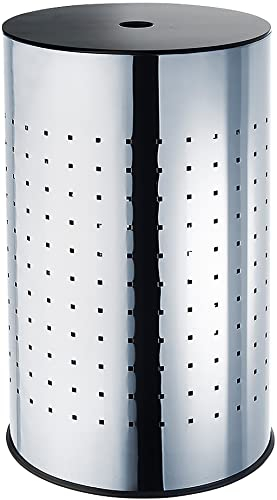 Kobolo Wäschebehälter Chrom, robuster Wäschesammler, Wäschebox mit Deckel, 55L, rund, Edelstahl mit Luftlöchern, modernes Design für Badezimmer & Schlafzimmer