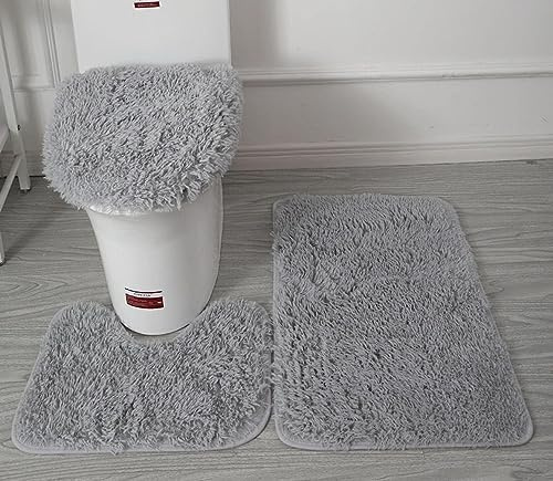 sigaer Soft Microfiber Bathroom Rugs Sets 3 Piece, Bath Rug + Contour Mat + Toilet Seat Cover, Non-Slip Bathroom Rugs with PVC Point Flannel Backing, Water Absorbent Solid Light grey
