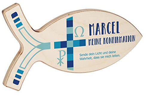 Striefchen® Personalisierter Deko-Fisch aus Holz für Taufe, Kommunion und andere Anlässe 19,5 cm x 11 cm x 1 cm (B/H/T) Konfirmation Blau