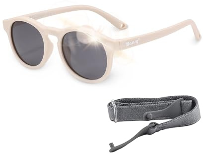 Maesy Lunettes de Soleil Enfant 1-3 Ans - Verres Polarisés UV400 Catégorie 3 - Monture Flexible avec Bandeau Ajustable - Design Rond, Confortables et Sécurisées - Bowi, Beige écru