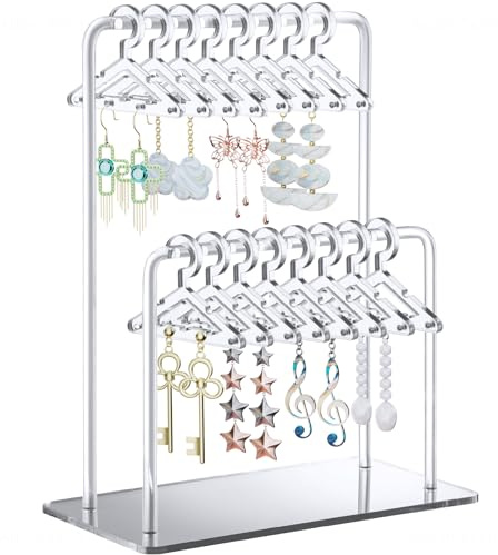 NiHome Support de boucles d'oreilles en acrylique avec design unique à double niveau, jolis cintres miniatures avec rangement spacieux pour 48 paires, affichage finition miroir pour la maison et les