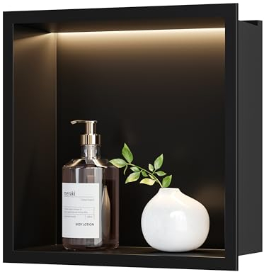 Neohomee Nicho de Ducha de Pared de Acero Inoxidable con Luz LED, Nicho de Ducha Empotrado Negro con un Solo Estante de Almacenamiento para Baño, 30 x 30 cm