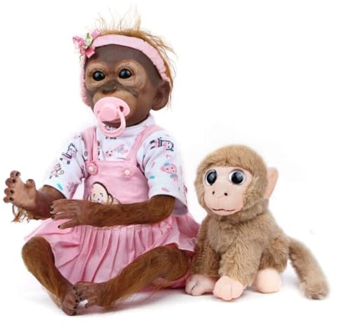 LKBOBIR Reborn docka 51 cm 22 tum Reborn babyapa handgjord realistisk utseende apa dockor, mjuk leksak apa med babydocka, brun och rosa reborn baby flicka